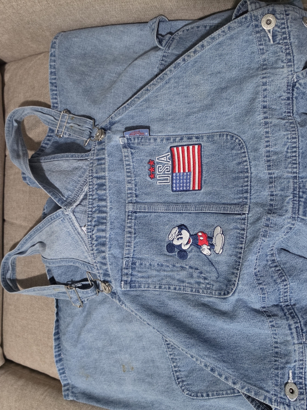 Disney Light Blue Denim Mickey USA Patch Short Overalls Romper - Picture 5 of 8